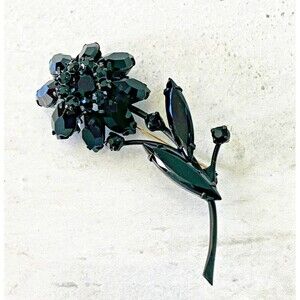 Vintage French Jet Black Dahlia Flower Brooch Pin Japanned Metal Rhinestones 3in